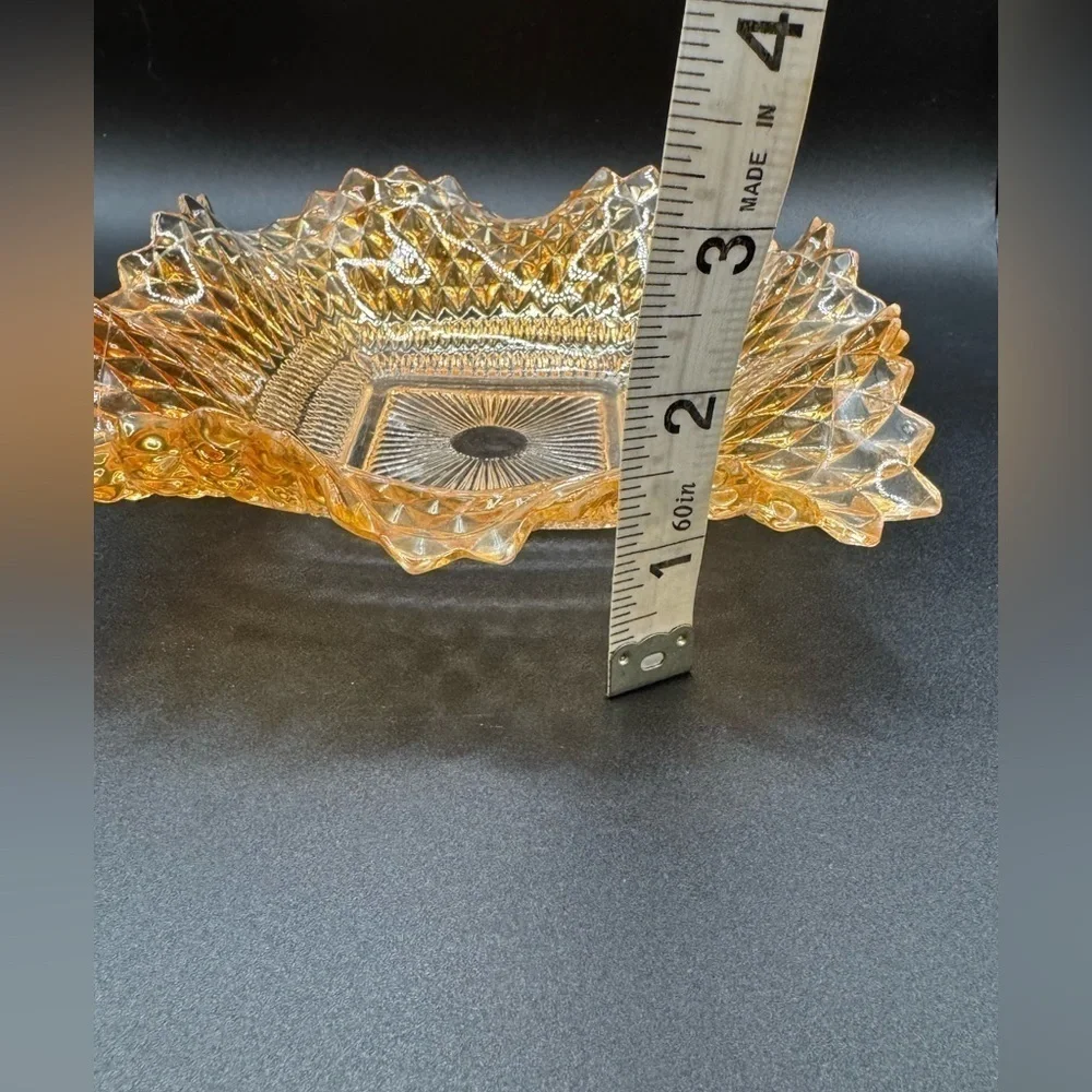 Vtg ‘60s Glass Diamond Block Ruffled Trinket Candy Nut Dish Amber Gold Ashtray